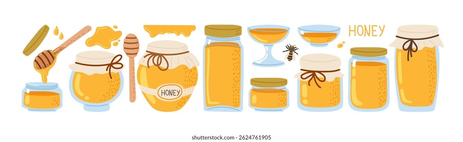 Various honey jars and drizzles displayed in a colorful arrangement on a white background