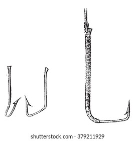 Various hooks for fishing at sea, vintage engraved illustration. Magasin Pittoresque 1876.