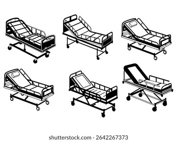 Various Hospital Beds on Wheels, Black and White Illustration,  displays a collection of different types of hospital beds, healthcare, medical, bed, patient bed, wheelchair, adjustable bed, metal bed.