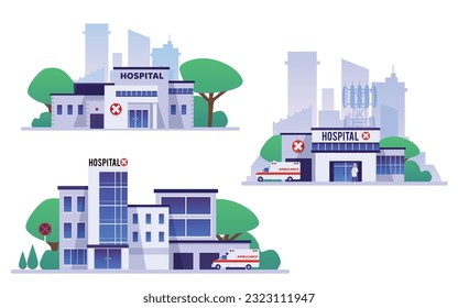 Various hospital buildings set, flat vector illustration isolated on white background. Medical clinic in city. Ambulance station with ambulance car and doctor. Healthcare concept.