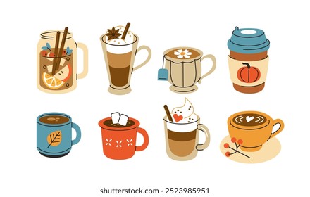 Various hot and cold drinks set. Collections of pumpkin coffee, cacao, apple cider, herbal tea and other types of beverages in cup, paper mug and glass. Vector illustration.