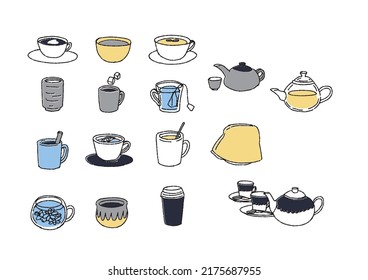 Various hot drink icons, comical handwritten person vector, warm line drawing