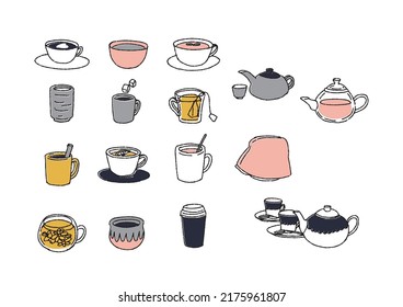 Various hot drink icons, comical handwritten person vector, warm line drawing