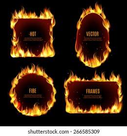 Various Hot Fire Flame Frame Set On The Black Background With Center Text Isolated Vector Illustration.