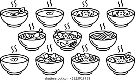 Various hot soup bowl line art icons featuring mushrooms noodles chicken vegetables and seafood ingredients.
