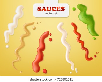 Various hot and spicy sauces spilled stripes with drops realistic vector set.    Wasabi, ketchup, mayonnaise, mustard appetizing culinary ingredient and seasoning collection for recipe, menu design