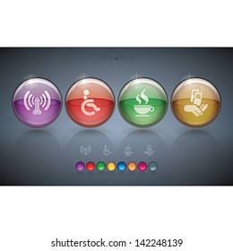 Various hotel, stuff & hotel services icons, pictured here from left to right:  Wireless LAN with Internet access, Wheelchair Friendly Rooms, Cafe/Bistro, Mobile Phone Reception.