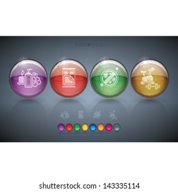 Various hotel, stuff & hotel services icons, pictured here from left to right:  Health and Beauty Center, Double Bed, Hypoallergenic Rooms, Fitness Room.