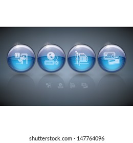 Various hotel, stuff & hotel services icons, pictured here from left to right: Emergency Information, Internet Access, Swidish-speaking staff available, Credit Cards re Accepted. 