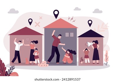 Various house buildings with angry people having fight. Domestic violence in room interiors. Cartoon couples or families in argument. Social issues, blaming, bullying. flat vector illustration