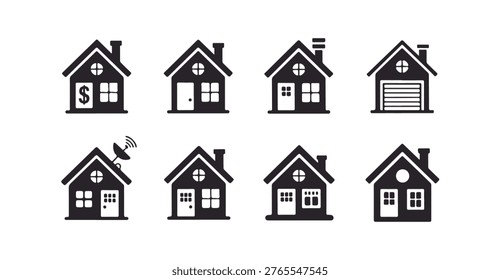 Various house icons with dollar sign, satellite dish, and garage details on white background