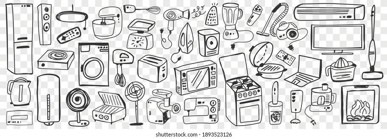 Various household appliances doodle set