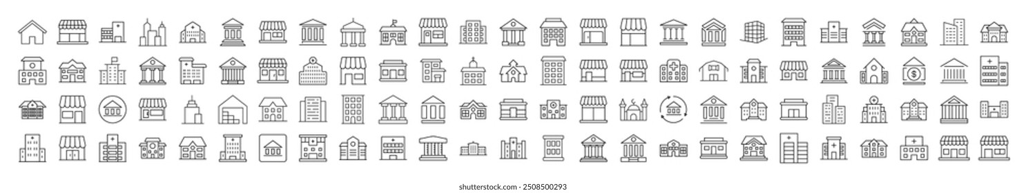 Various Houses and Constructions Line Icon Bundle. Modern Collection for Design, Web Sites, Apps, Cards. Contains Linear Images of Apartment Buildings, Banks, Stores, Hospitals