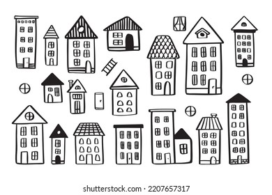  Various houses doodle set. vector hand drawn doodle style. Vector illustration