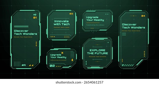 Vários gráficos de vetor hud com cores retro. Elementos e quadros de interface digital para apresentação de tecnologia ou mundo cibernético.