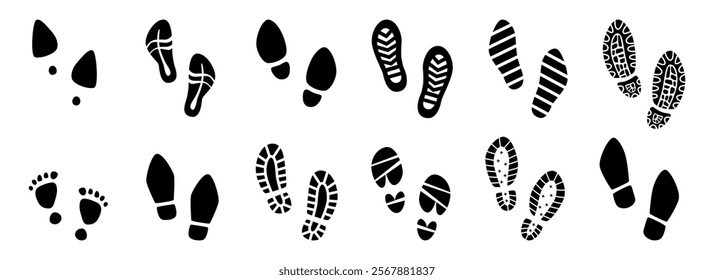 Various human footprints, isolated women and men footmarks collection. Vector male and female tracks in grunge style. Set of step symbols. Barefoot and stilettos, sneaker and shoes footsteps