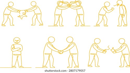 Various human interactions are depicted through simple line art showing both conflict and cooperation