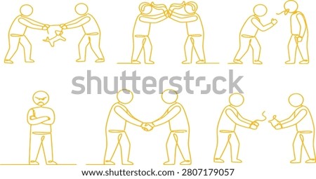 Various human interactions are depicted through simple line art showing both conflict and cooperation