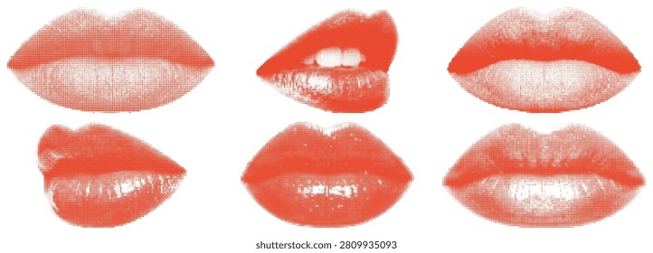 Various human lips are shown with a halftone dot pattern in this vector illustration. Multiple angles and expressions are captured in vibrant red color.