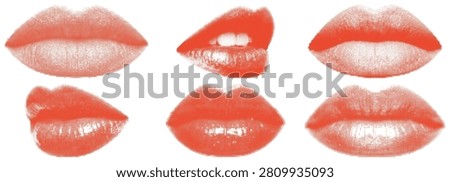 Various human lips are shown with a halftone dot pattern in this vector illustration. Multiple angles and expressions are captured in vibrant red color.