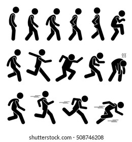 Various Human Man People Walking Running Runner Poses Postures Ways Stick Figure Stickman Pictogram Icons