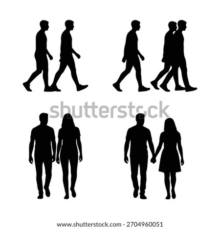 Various human silhouettes depicted in different walking poses. Features individuals, same-gender pairs, and heterosexual couples. Perfect for graphic design and conceptual uses.