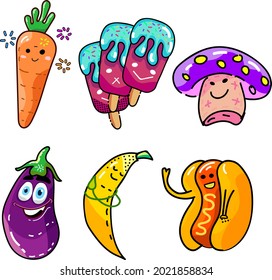 Various humorous phallic foods for funny stickers and icons featuring eggplant, banana, and hotdogs