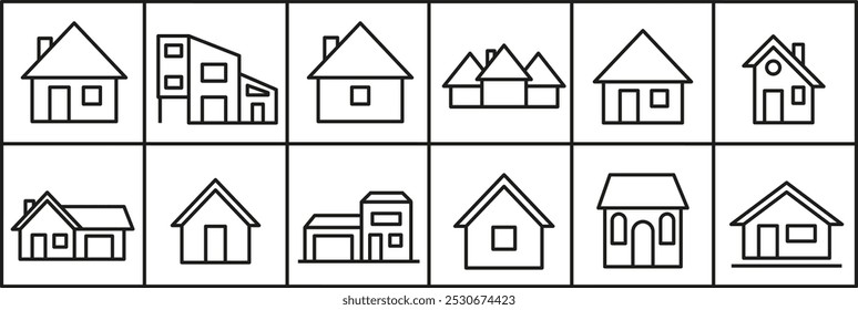 Various huts. Houses and huts line icons. House icons collection. EPS 10.