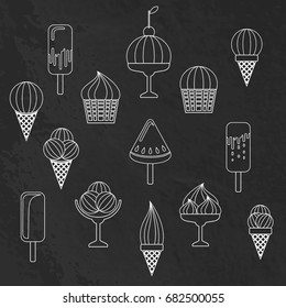 Various ice cream. Collection of white lines food icons at black chalkboard. Set of design elements. Vector illustration.