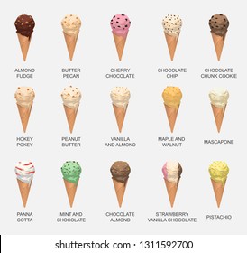 Various Ice Cream Cone Flavor Vector Illustration Set