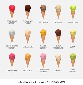 Various Ice Cream Cone Flavor Vector Illustration Set