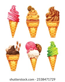 Various ice cream cones with different toppings and flavors. Vector cartoon illustration