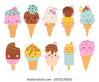 Various ice cream cones set with toppings in a playful cartoon style.  Vector illustration
