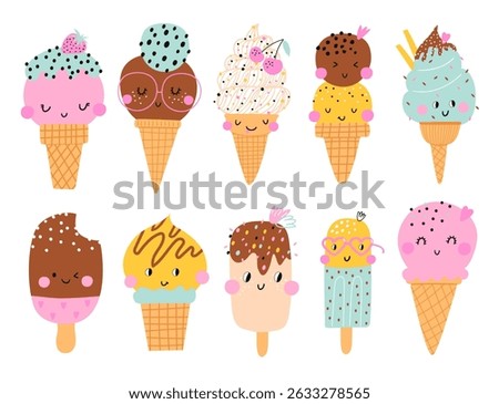 Various ice cream cones set with toppings in a playful cartoon style.  Vector illustration
