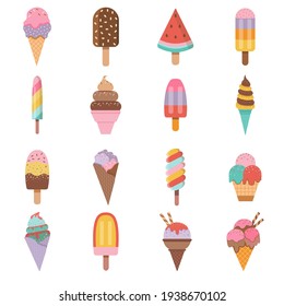 Various ice cream dessert icons collection. Summer ice-cream with cones, fruits and chocolate.