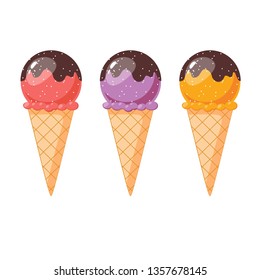 Various of ice cream flavor in cones on white background . Summer and Sweet menu concept.