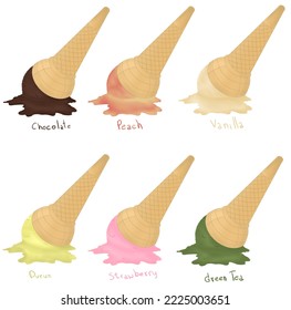 Various of ice cream flavor in cones set of colorful melt ice cream on a white background. Vector illustration of a three-scoop ice cream cone.