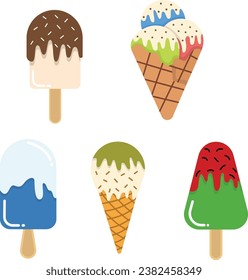 Various Of Ice Cream Flavors Flat Design Collection, Ice Cream Illustration