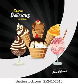 various ice cream with flyer .Set of summer sweetness . Ice cream parlor or shop, Sweet products, Dessert concept . design for poster, banner, advertisement, commercial, menu, flyer.