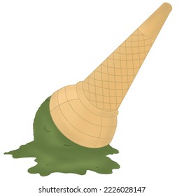 Diverso sabor a té verde helado en conos de helado colorido derretido sobre un fondo blanco. Ilustración vectorial de un cono de helado de cuchara.