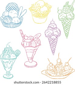 Various ice cream hand drawn illustration. ice cream line art. outline drawing