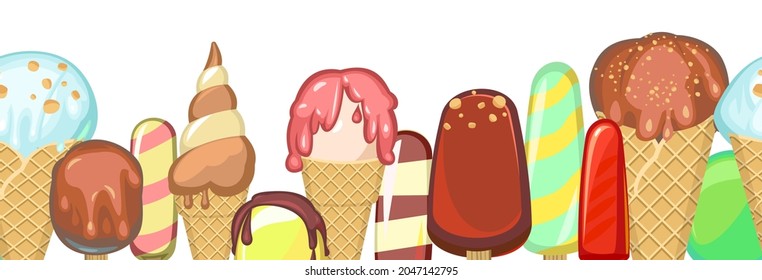 Various ice cream. Horizontal seamless background illustration. In waffle cups and cones. Creamy and chocolatey. Popsicle on a stick. Dairy and fruit product. Vector