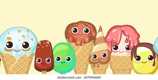 Various ice cream. Horizontal seamless background illustration. Funny cartoon characters. In waffle cups and cones. Creamy and chocolatey. Popsicle on a stick. Dairy and fruit product. Vector