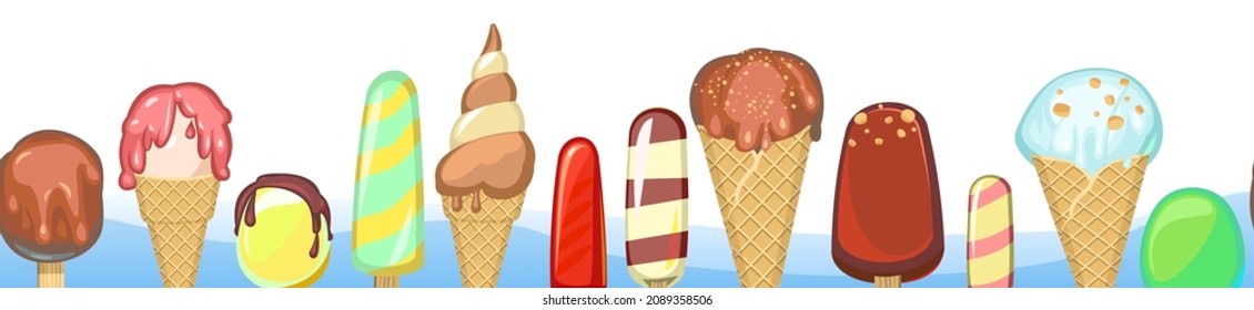 Various ice cream. Horizontal seamless background illustration. In waffle cups and cones. Creamy and chocolatey. Popsicle on a stick. Snow. Dairy and fruit product. Vector