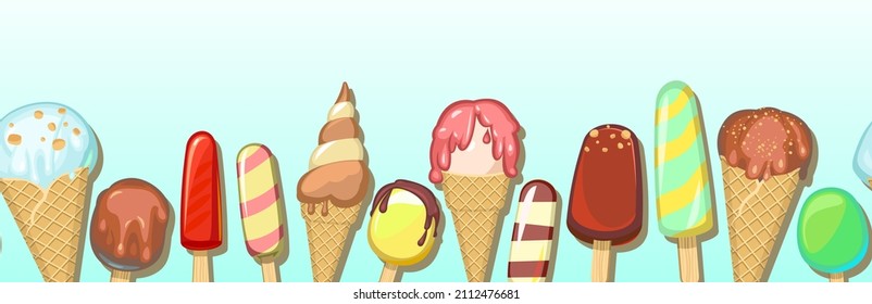 Various ice cream. Horizontal seamless background illustration. In waffle cups and cones. Creamy and chocolatey. Popsicle on a stick. Dairy and fruit product. Vector