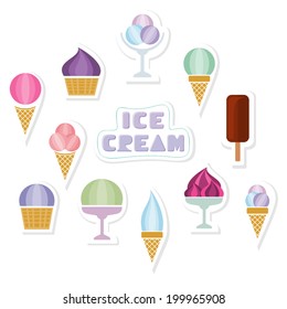 Various Ice Cream icons. Collection of labels with different sweet ice foods. Cute text label. Set of isolated design elements. White background. Vector file is EPS8, all elements are grouped.