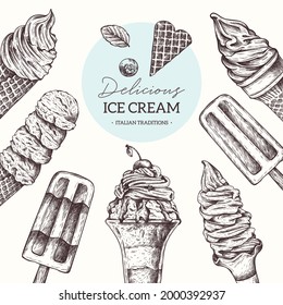 Various ice cream illustration in vintage engraved style. Vector hand drawn different types of ice cream. Dessert, sweets, menu design, restaurant, shop. Isolated on white background.