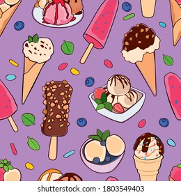 Various ice cream on a lilac background. Seamless image