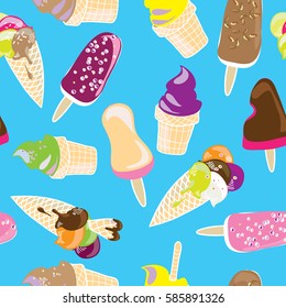 Various ice cream seamless pattern. Vector illustration on blue background