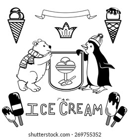 Various Ice cream set with funny polar bear and penguin figures. black and white. editable